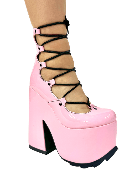 YRU Princess Lucid Laceup Cute Emo Lolita Platform Shoes - Pink/Black