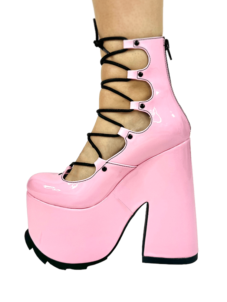 YRU Princess Lucid Laceup Cute Emo Lolita Platform Shoes - Pink/Black