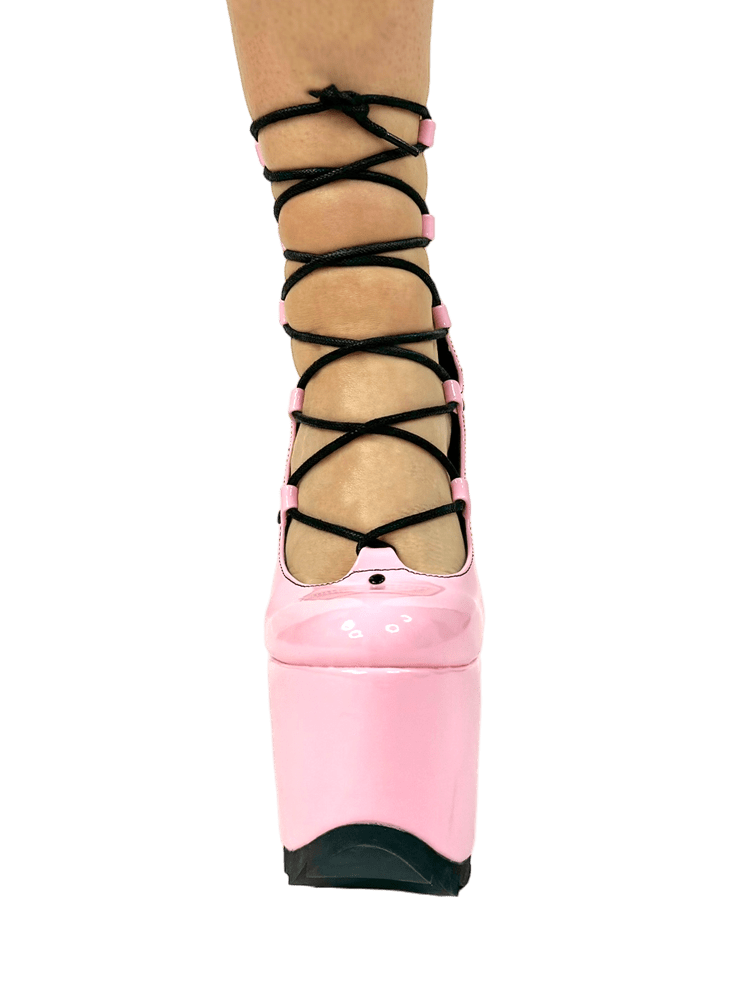 YRU Princess Lucid Laceup Cute Emo Lolita Platform Shoes - Pink/Black