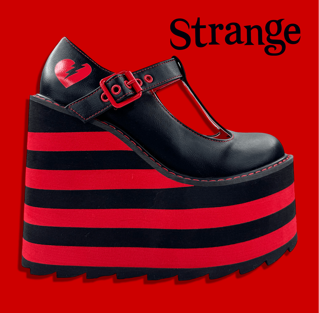 YRU x Moxie Emo Kitty Cat Black & Red Striped Platform Shoes - Black/Red