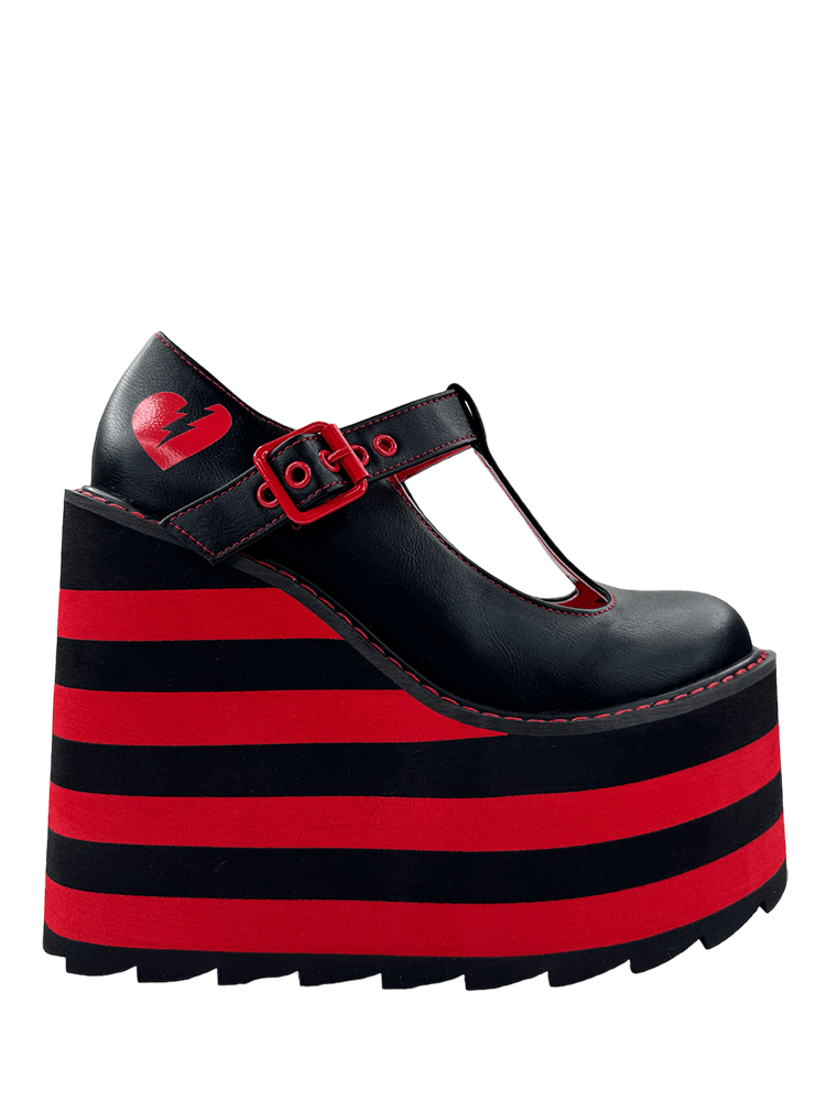 YRU x Moxie Emo Kitty Cat Black & Red Striped Platform Shoes - Black/Red