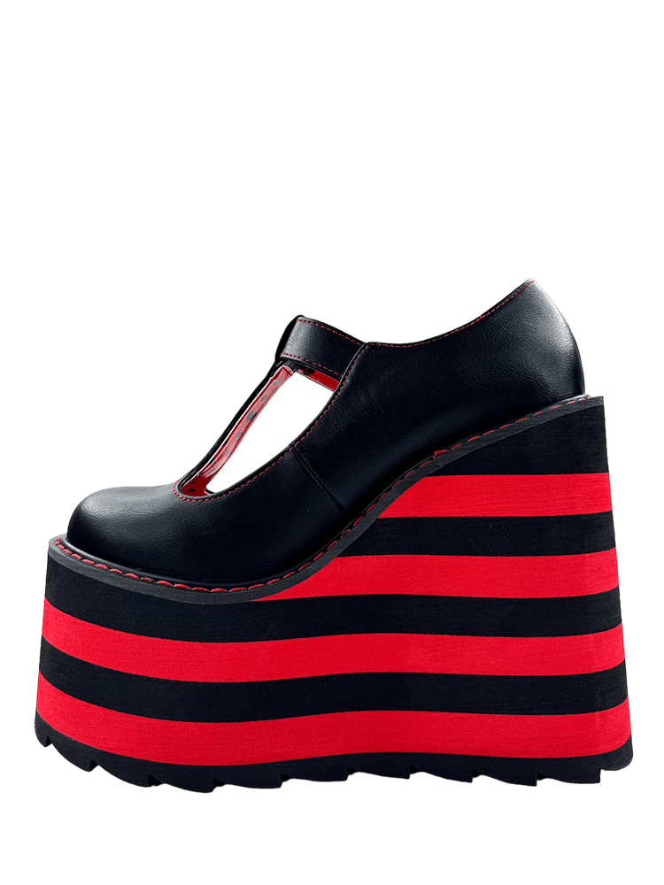 YRU x Moxie Emo Kitty Cat Black & Red Striped Platform Shoes - Black/Red