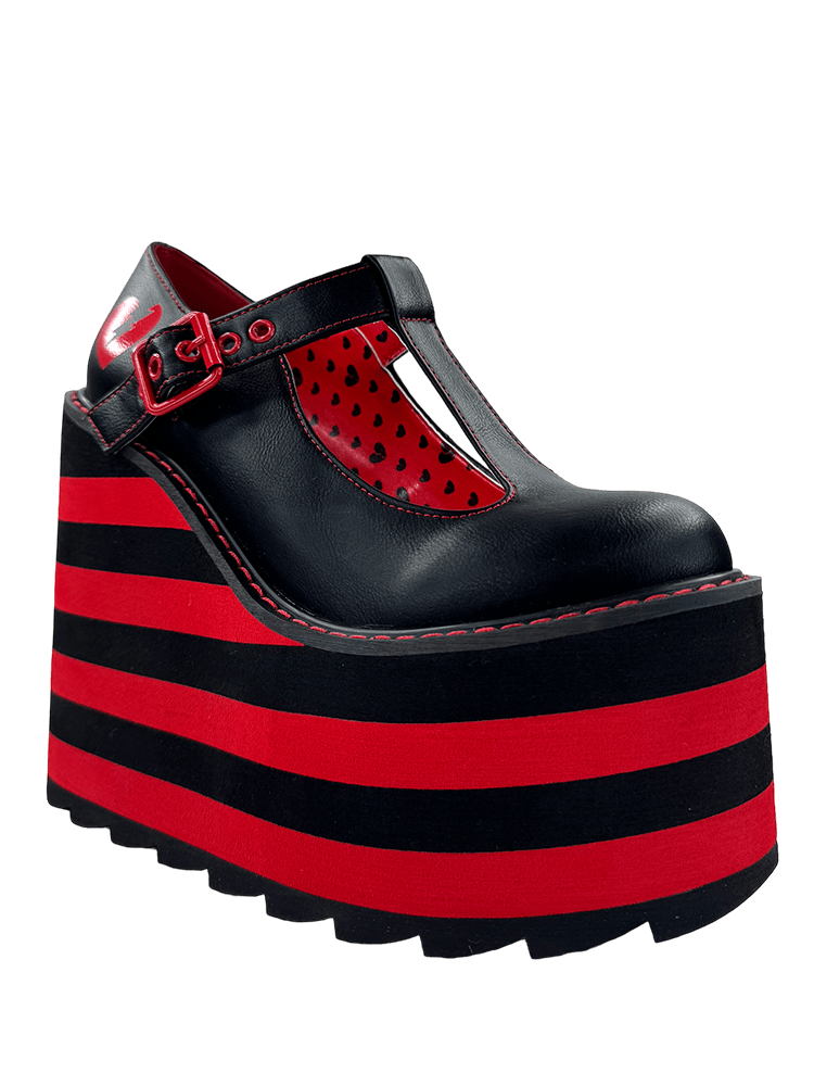 YRU x Moxie Emo Kitty Cat Black & Red Striped Platform Shoes - Black/Red