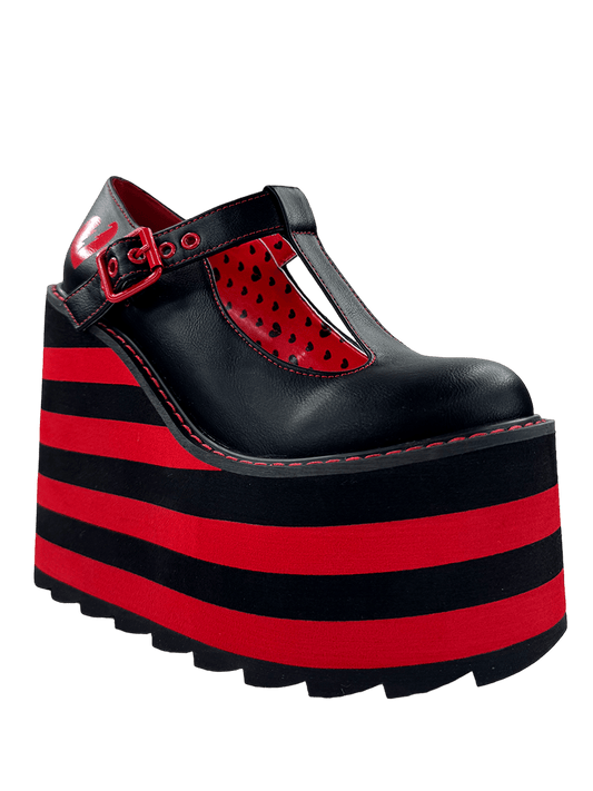 YRU x Moxie Emo Kitty Cat Black & Red Striped Platform Shoes - Black/Red