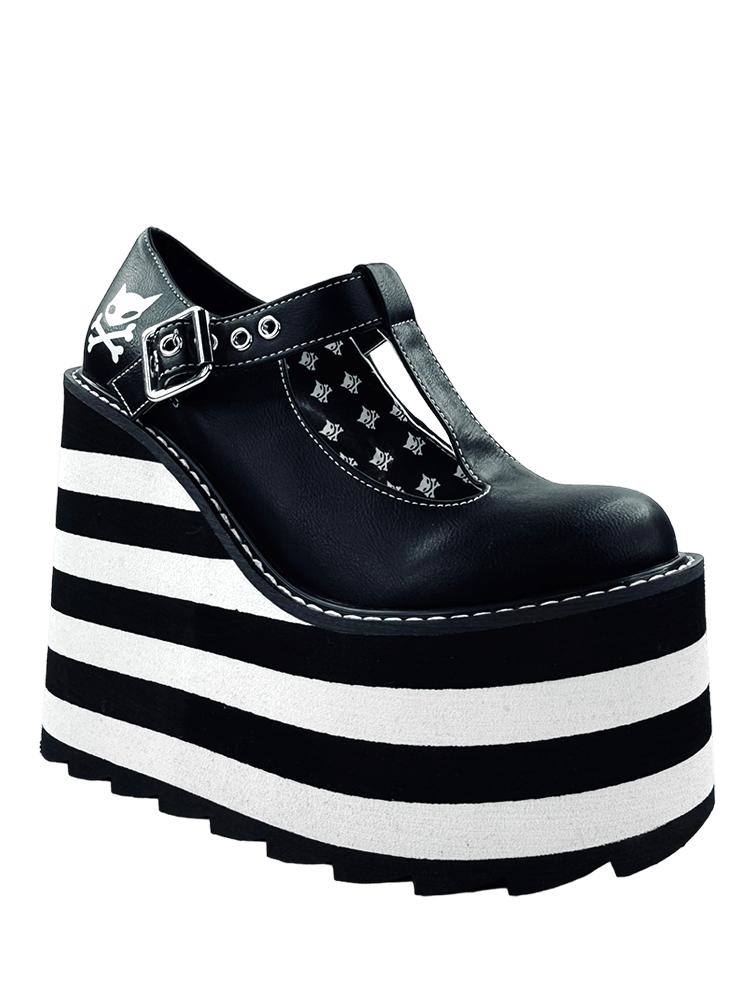 YRU x Moxie Goth Emo Kitty Cat Black and White Striped Platform Shoes - Black/White