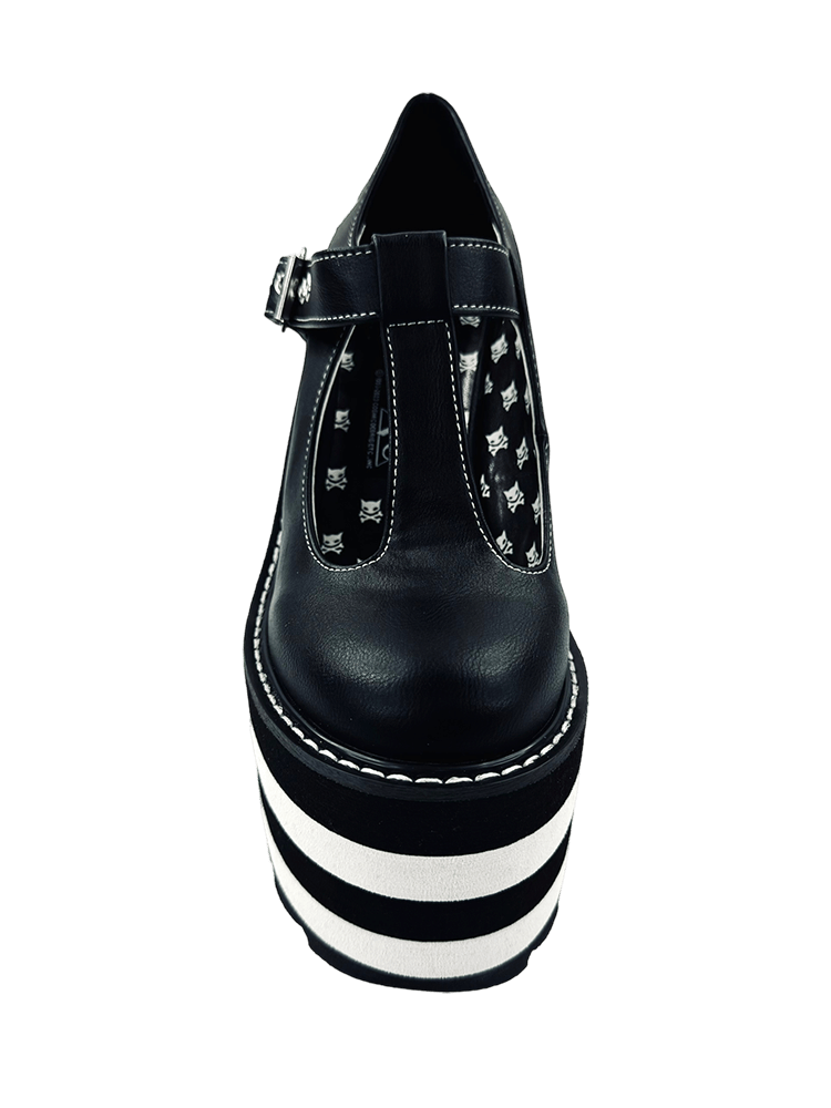 YRU x Moxie Goth Emo Kitty Cat Black and White Striped Platform Shoes - Black/White