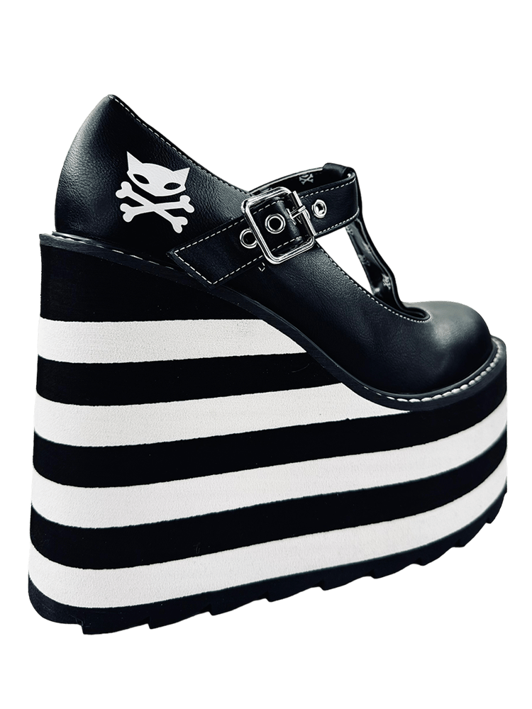 YRU x Moxie Goth Emo Kitty Cat Black and White Striped Platform Shoes - Black/White