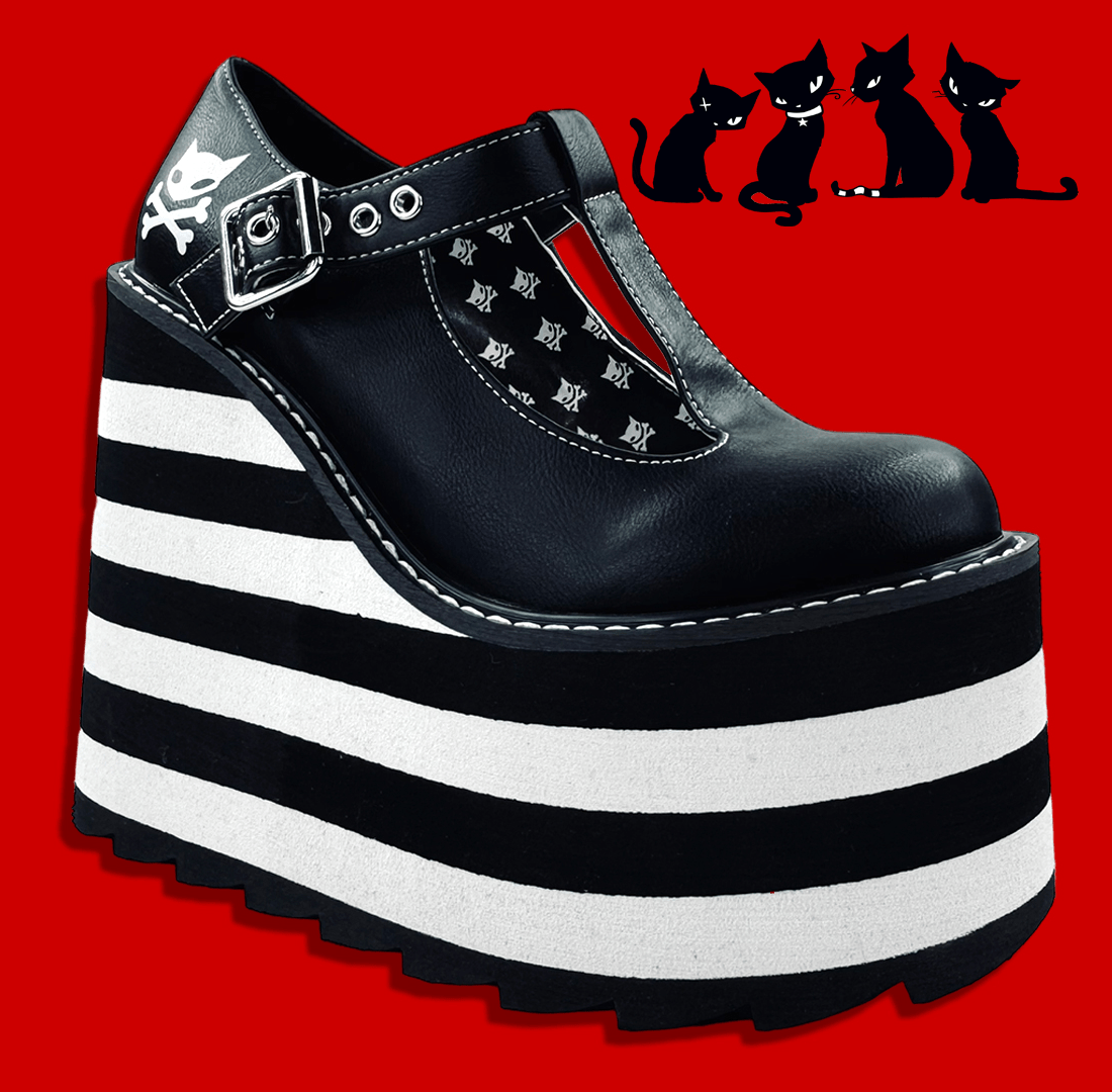 YRU x Moxie Goth Emo Kitty Cat Black and White Striped Platform Shoes - Black/White