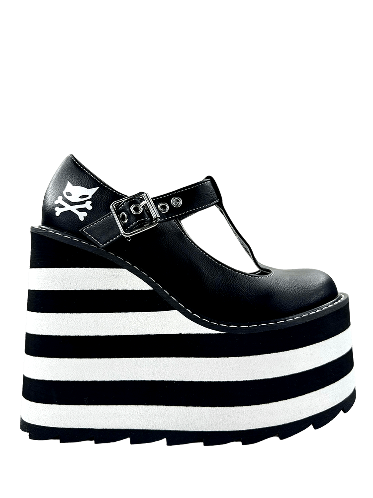 YRU x Moxie Goth Emo Kitty Cat Black and White Striped Platform Shoes - Black/White