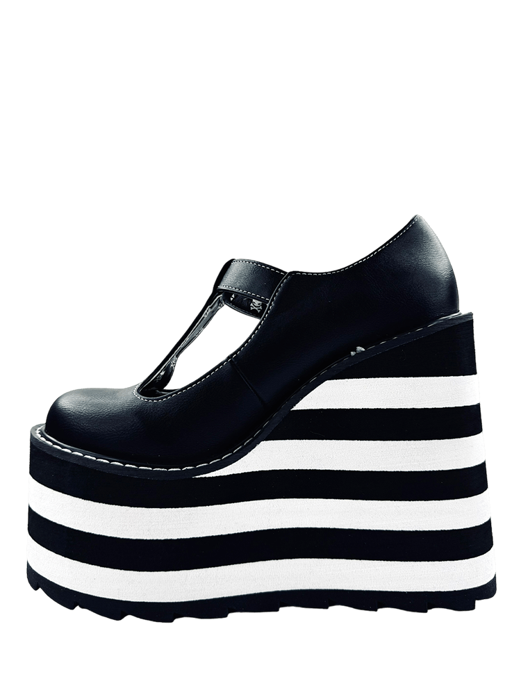 YRU x Moxie Goth Emo Kitty Cat Black and White Striped Platform Shoes - Black/White