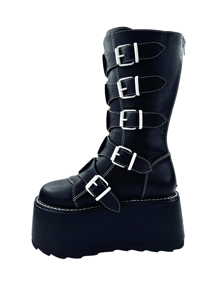 YRU x Emily the Strange Emo Goth Phazer Mystery Kitty Detail Platfom Boots - Black/White