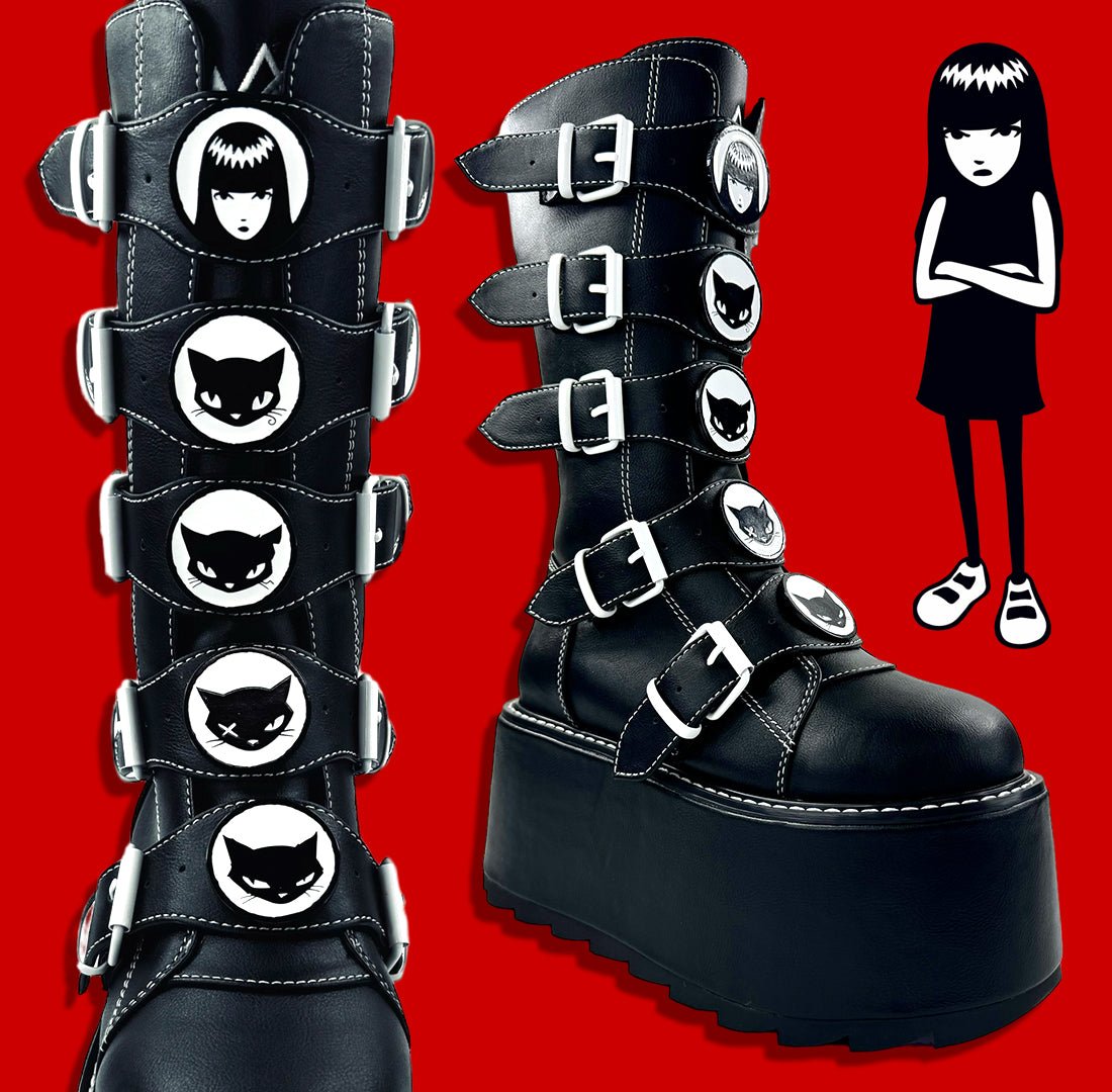 YRU x Emily the Strange Emo Goth Phazer Mystery Kitty Detail Platfom Boots - Black/White