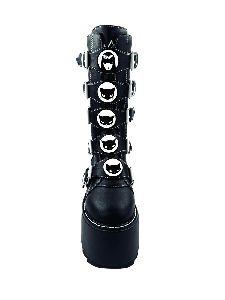 YRU x Emily the Strange Emo Goth Phazer Mystery Kitty Detail Platfom Boots - Black/White