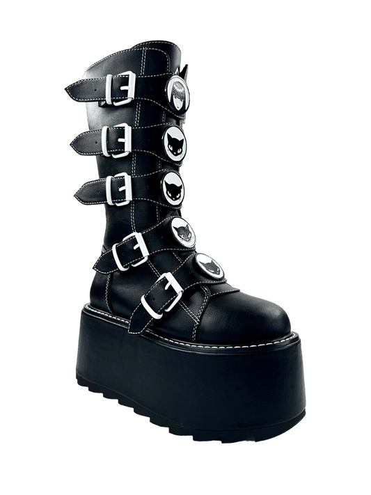 YRU x Emily the Strange Emo Goth Phazer Mystery Kitty Detail Platfom Boots - Black/White