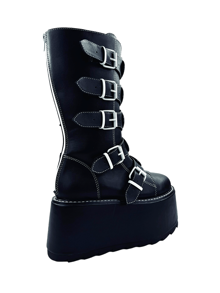 YRU x Emily the Strange Emo Goth Phazer Mystery Kitty Detail Platfom Boots - Black/White