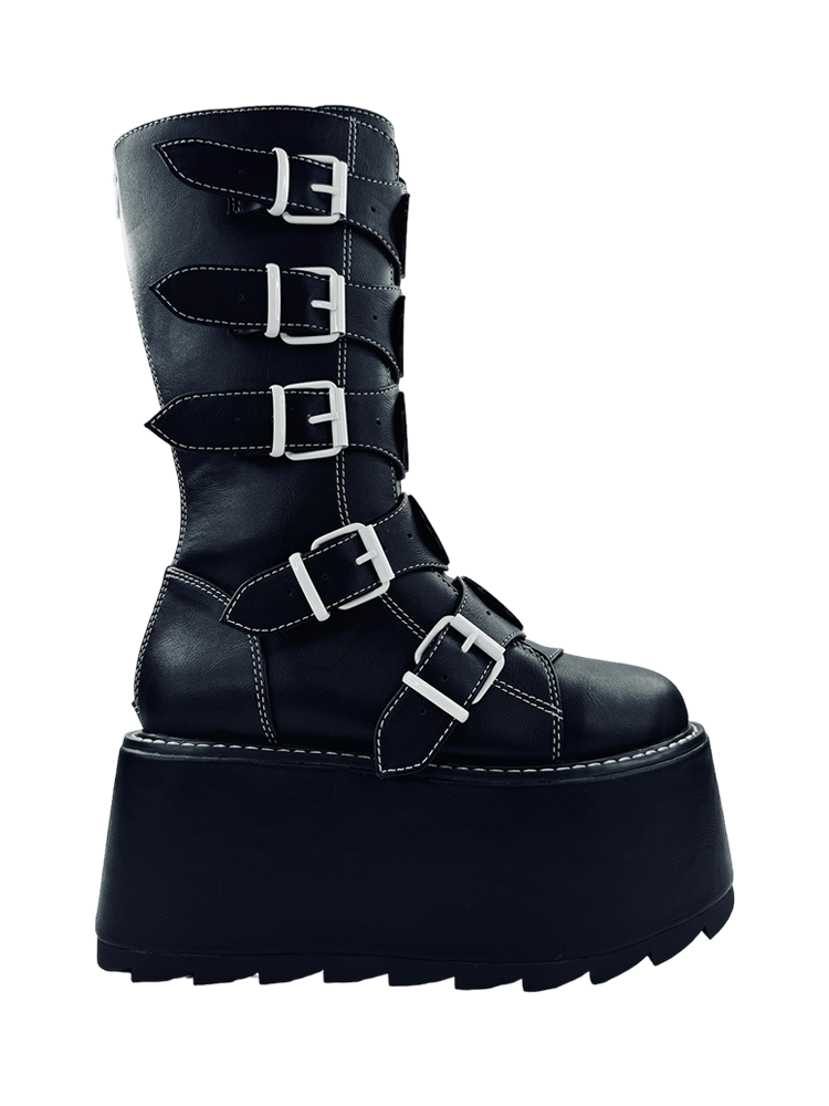 YRU x Emily the Strange Emo Goth Phazer Mystery Kitty Detail Platfom Boots - Black/White