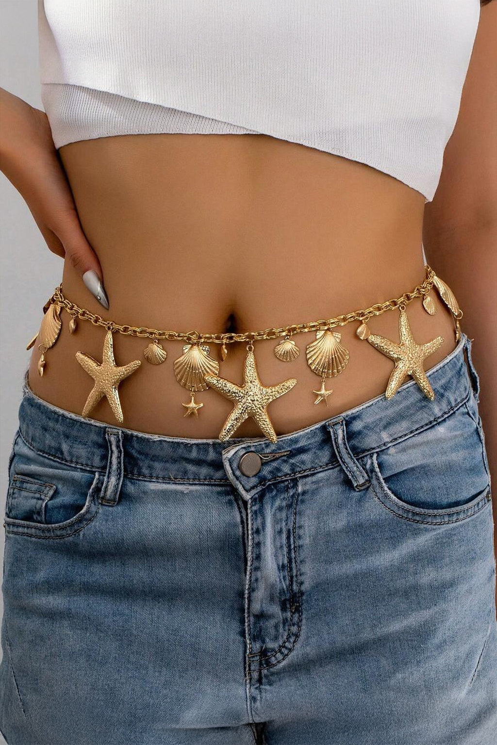 Gold Golden Starfish & Beach Boho Seashell Waist Chain Belt