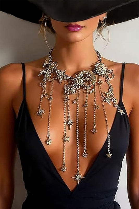Mystic Celestial Sun Moon Star Silver/Gold Tone Large Statement Necklace
