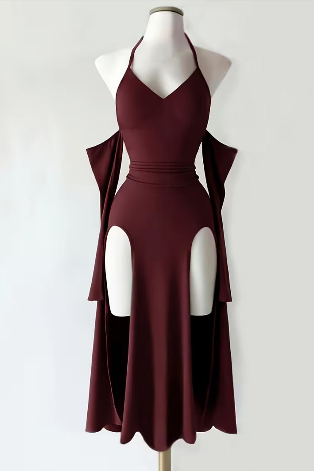 Dark Red Goth, Gothic Style Halter Cosplay Dress w/ High Slit & Cut-Out Design