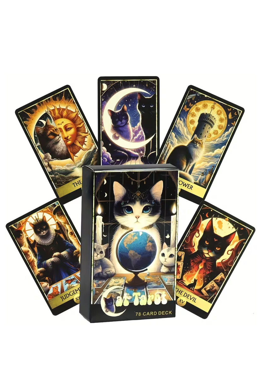 Majestic Mystical Kitty Cat, Cats Tarot Cards - 78 Card Set w/ Illustrated Feline Major & Minor Arcana, Oracle Divination Cards for Beginners & Collectors