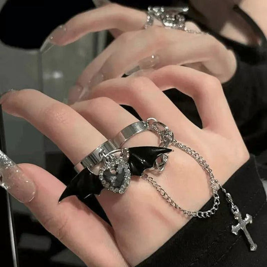 Wicked Silk Goth Emo Bat winged and Cross Charm Ring