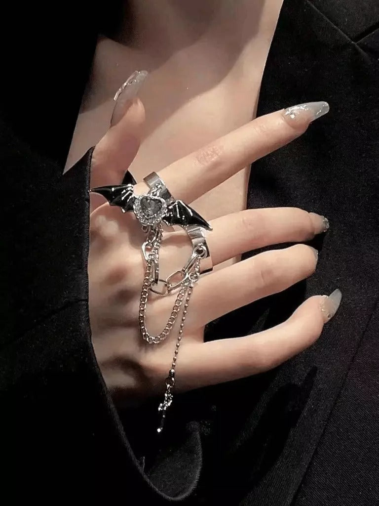 Wicked Silk Goth Emo Bat winged and Cross Charm Ring