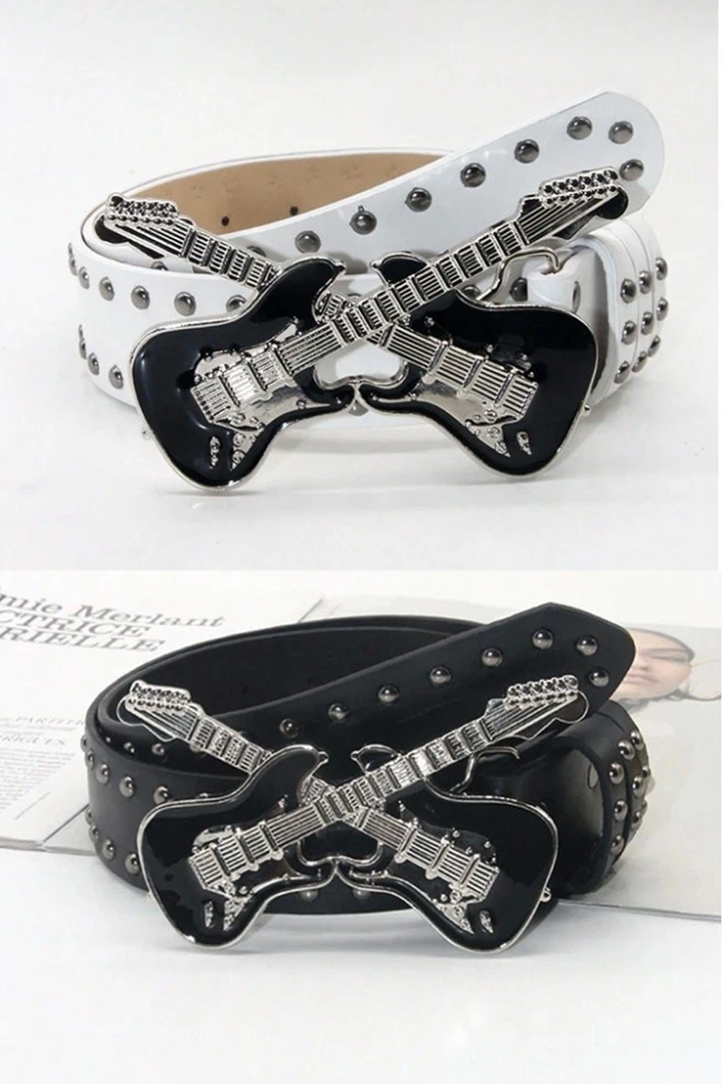 Black Guitar Buckle Studded Belt Punk Rock Gothic Y2K Streetwear Waist Belt