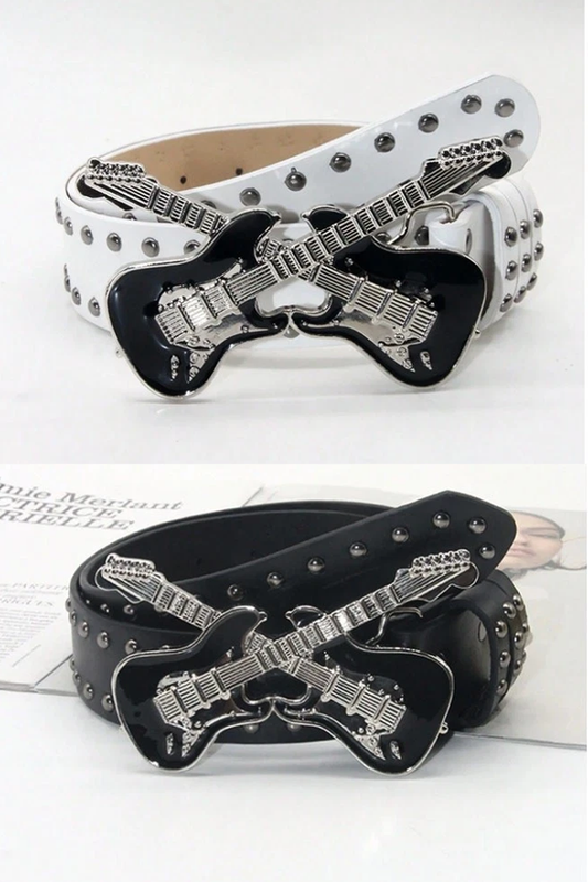 Black Guitar Buckle Studded Belt Punk Rock Gothic Y2K Streetwear Waist Belt