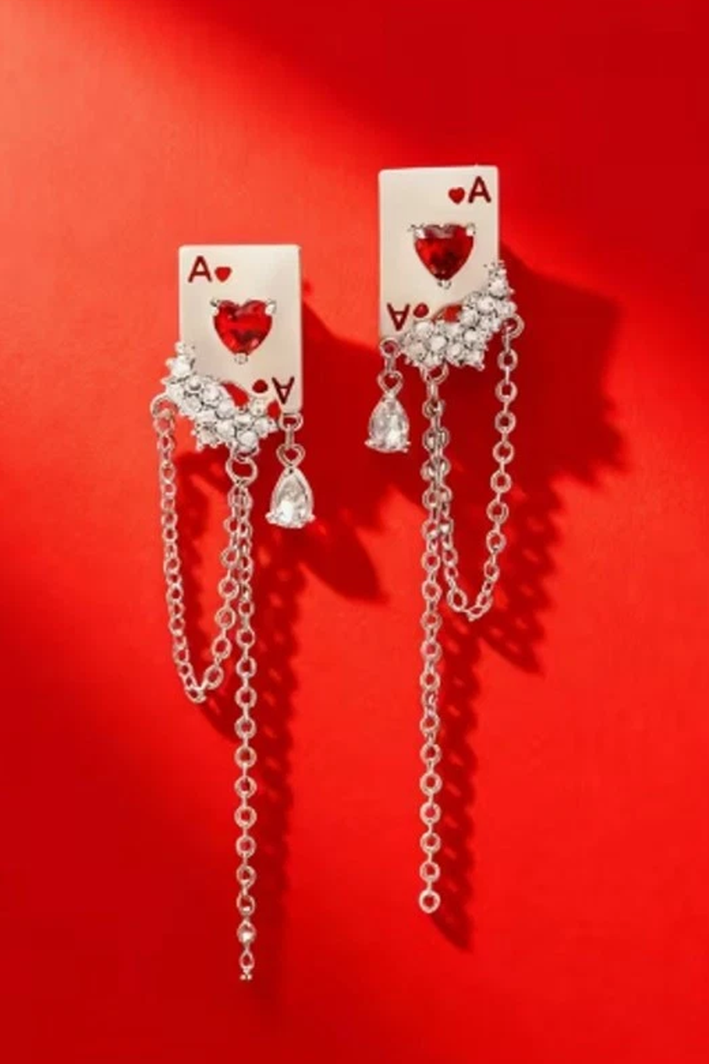 Ace of Hearts Earrings Red Crystal Chain Dangle Playing Card Jewelry Statement