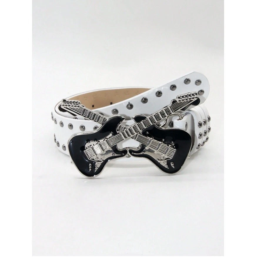 Black Guitar Buckle Studded Belt Punk Rock Gothic Y2K Streetwear Waist Belt