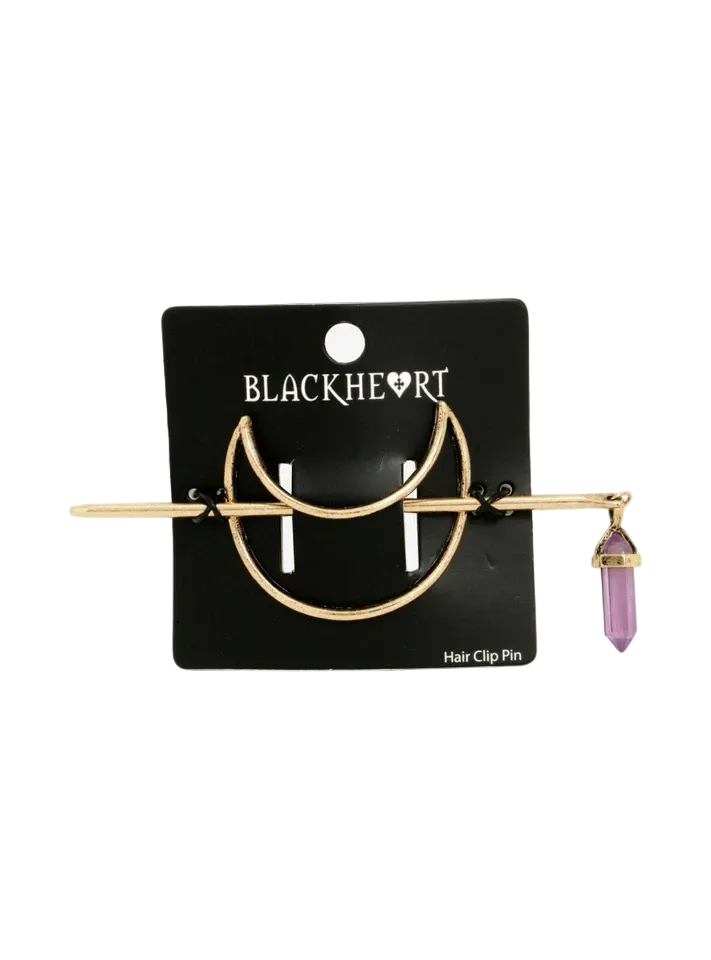 Blackheart Crescent Moon Purple Faux Crystal Hair Bun Pin, Chic, Elegant, Gold toned