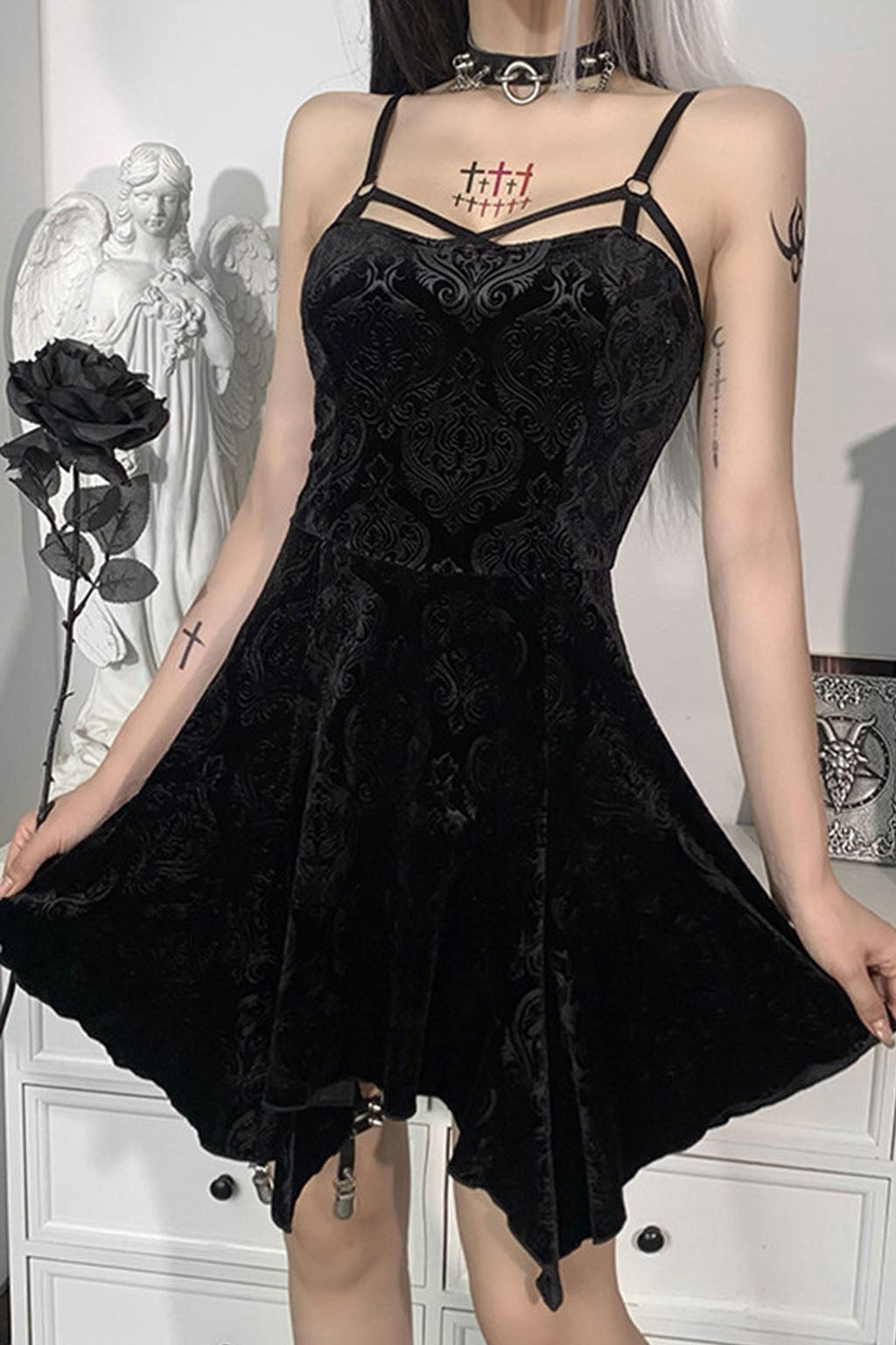 Dolls Kill Widow Goth Emo Black Embossed Velvet Dress Strappy Dress