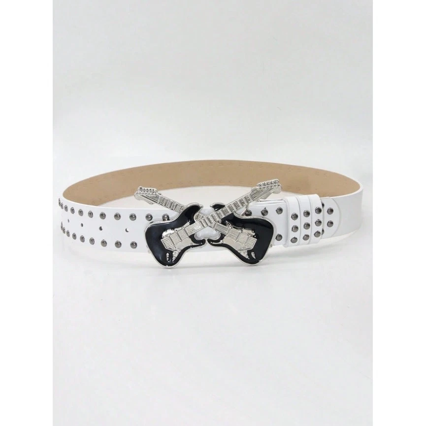Black Guitar Buckle Studded Belt Punk Rock Gothic Y2K Streetwear Waist Belt