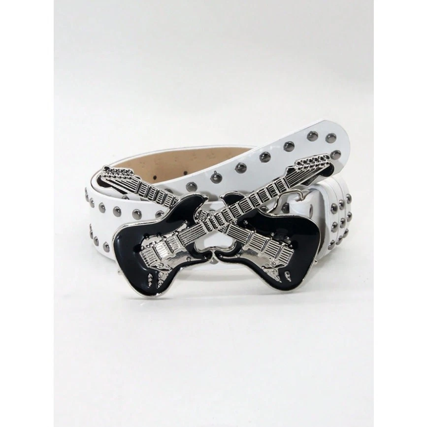 Black Guitar Buckle Studded Belt Punk Rock Gothic Y2K Streetwear Waist Belt