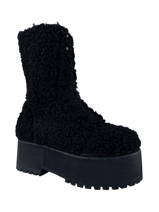 YRU Goth Emo Punk Slayr Hi Platform Boots - Black Sherpa