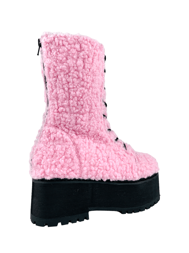 YRU Cute Emo Punk Slayr Hi Platform Boots - Pink Sherpa