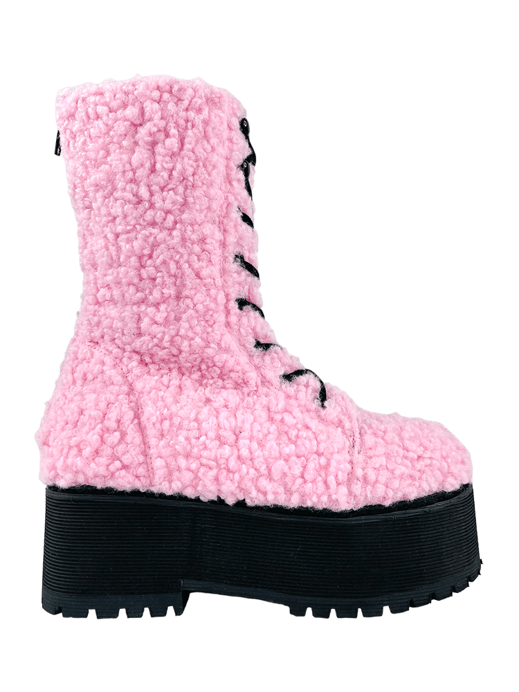 YRU Cute Emo Punk Slayr Hi Platform Boots - Pink Sherpa