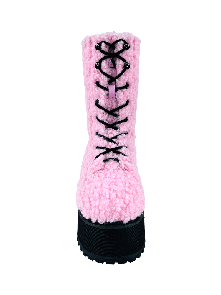 YRU Cute Emo Punk Slayr Hi Platform Boots - Pink Sherpa