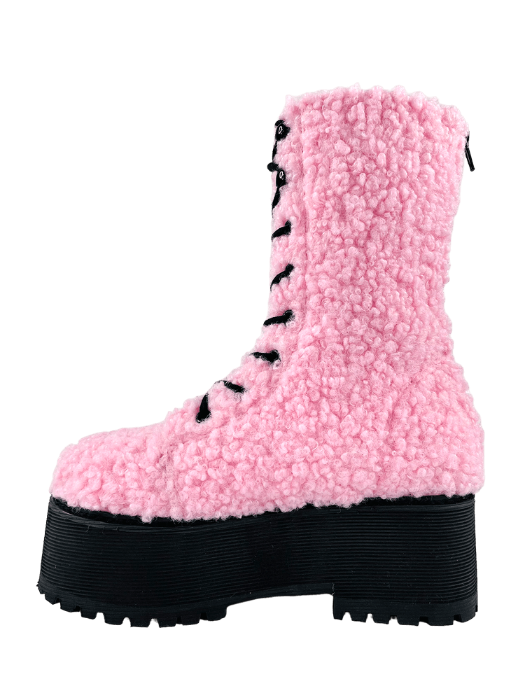 YRU Cute Emo Punk Slayr Hi Platform Boots - Pink Sherpa