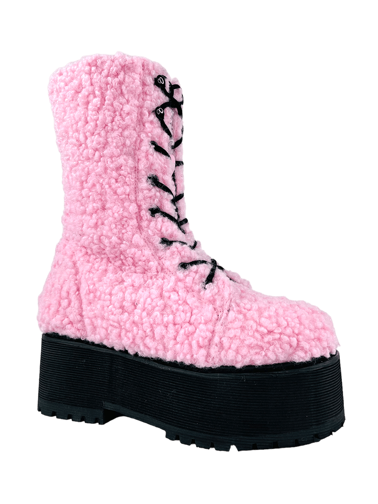 YRU Cute Emo Punk Slayr Hi Platform Boots - Pink Sherpa