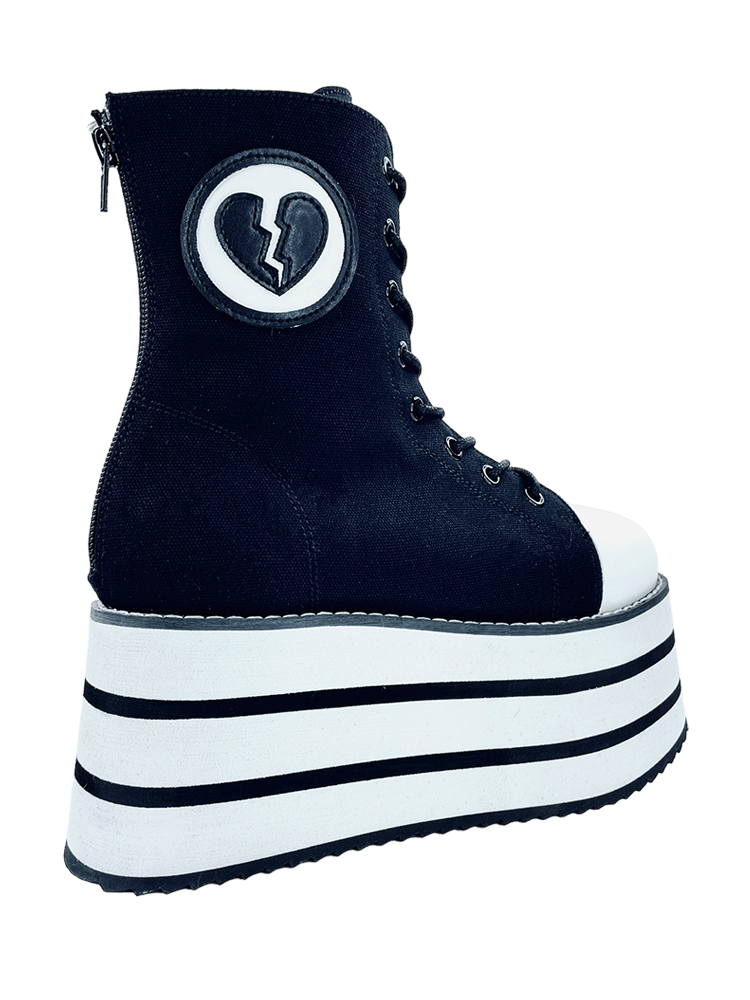 YRU Goth Emo Punk Suspension Broken Heart Striped Platform Sneakers - Black/White