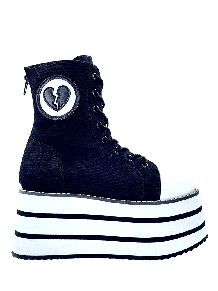 YRU Goth Emo Punk Suspension Broken Heart Striped Platform Sneakers - Black/White