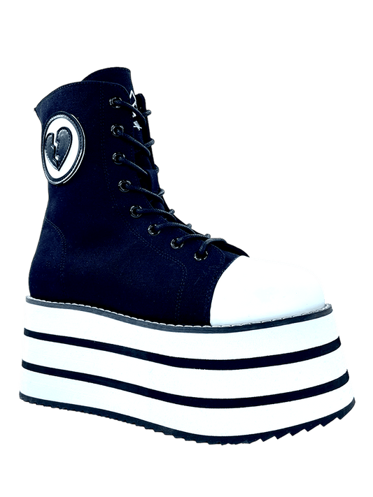 YRU Goth Emo Punk Suspension Broken Heart Striped Platform Sneakers - Black/White