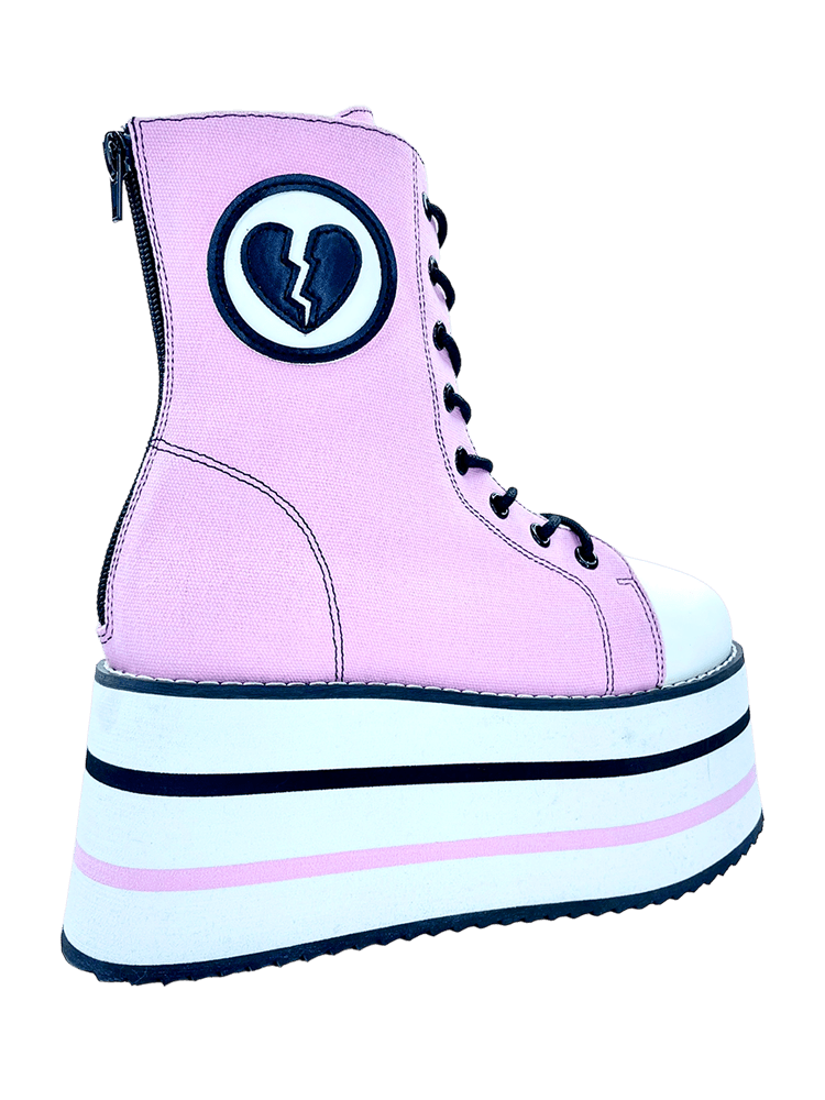 YRU Emo Punk Suspension Broken Heart Striped Platform Sneakers - Pink/Black/White