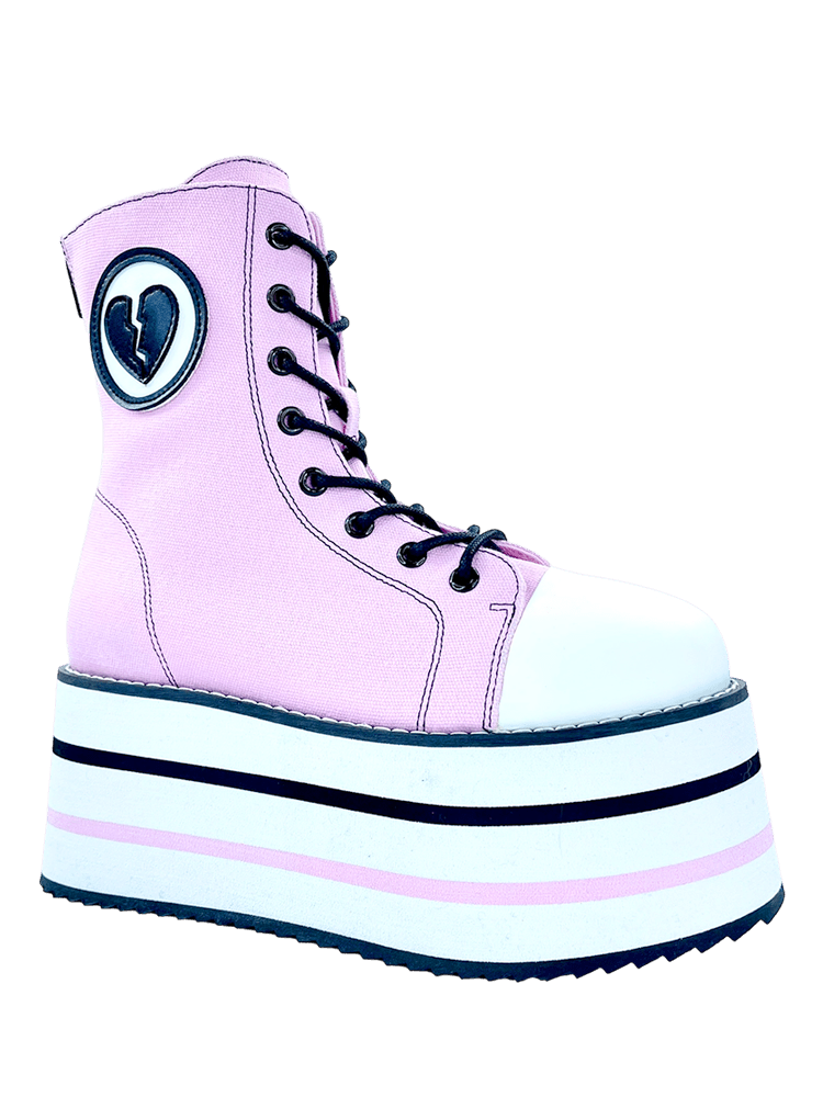 YRU Emo Punk Suspension Broken Heart Striped Platform Sneakers - Pink/Black/White