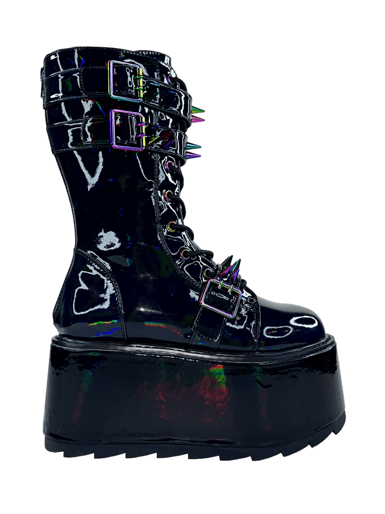 YRU Goth Emo Punk Rave Trance Spiked Rainbow Platform Boots - Black Hologram