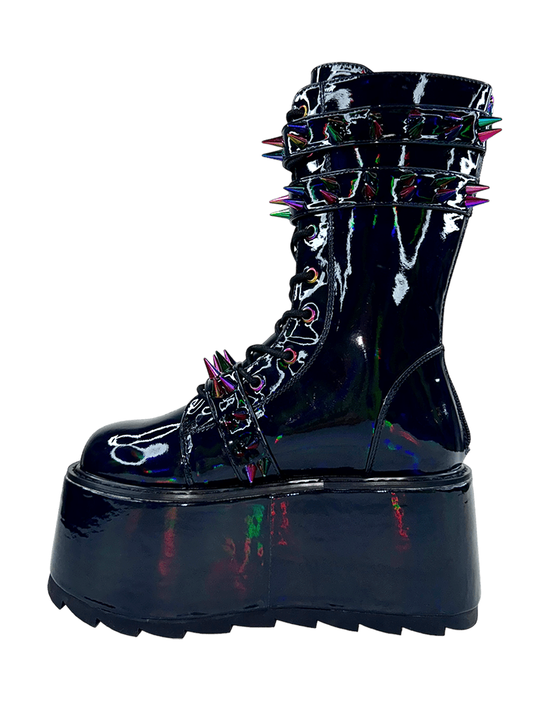 YRU Goth Emo Punk Rave Trance Spiked Rainbow Platform Boots - Black Hologram