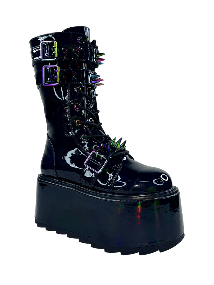 YRU Goth Emo Punk Rave Trance Spiked Rainbow Platform Boots - Black Hologram