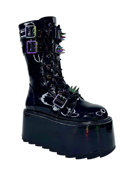 YRU Goth Emo Punk Rave Trance Spiked Rainbow Platform Boots - Black Hologram