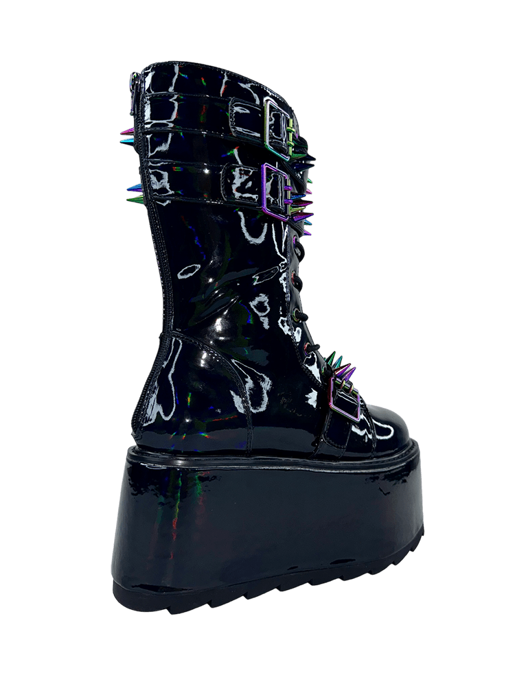 YRU Goth Emo Punk Rave Trance Spiked Rainbow Platform Boots - Black Hologram